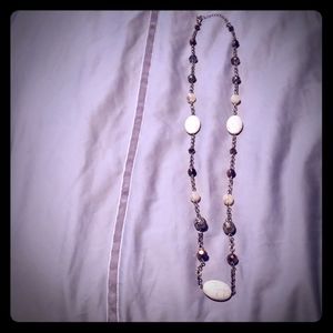 Long brown, white and gold necklace